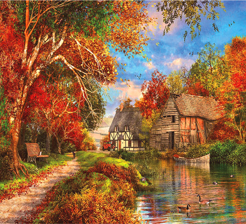 Алмазная вышивка «Осенний пейзаж с видом на деревню» 40*50